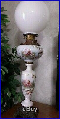 Victorian Oil Lamp Gwtw Globe Hand Painted Cherubs Consolidated Burner 3 Tier