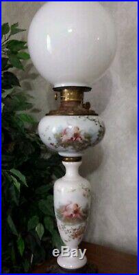Victorian Oil Lamp Gwtw Globe Hand Painted Cherubs Consolidated Burner 3 Tier