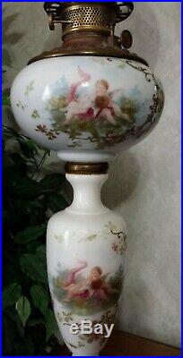 Victorian Oil Lamp Gwtw Globe Hand Painted Cherubs Consolidated Burner 3 Tier