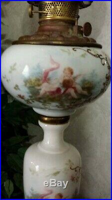 Victorian Oil Lamp Gwtw Globe Hand Painted Cherubs Consolidated Burner 3 Tier