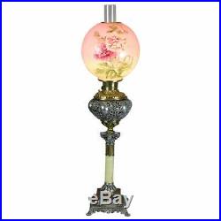 Victorian Onyx & Gilt Metal Parlor Lamp with Hand Painted Peony Shade circa 1890