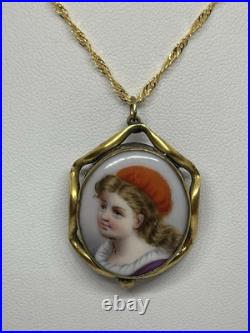 Victorian Orange Hat Girl Portrait Miniature Hand Painted Pendant Necklace 18