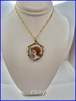 Victorian Orange Hat Girl Portrait Miniature Hand Painted Pendant Necklace 18