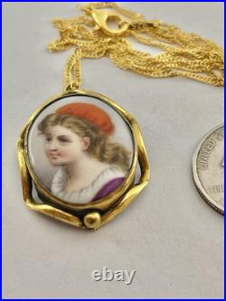 Victorian Orange Hat Girl Portrait Miniature Hand Painted Pendant Necklace 18