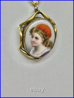 Victorian Orange Hat Girl Portrait Miniature Hand Painted Pendant Necklace 18