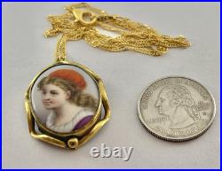 Victorian Orange Hat Girl Portrait Miniature Hand Painted Pendant Necklace 18