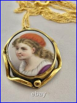 Victorian Orange Hat Girl Portrait Miniature Hand Painted Pendant Necklace 18