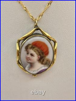 Victorian Orange Hat Girl Portrait Miniature Hand Painted Pendant Necklace 18