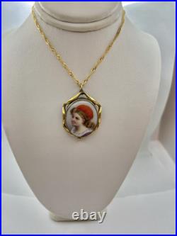 Victorian Orange Hat Girl Portrait Miniature Hand Painted Pendant Necklace 18