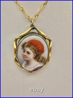 Victorian Orange Hat Girl Portrait Miniature Hand Painted Pendant Necklace 18
