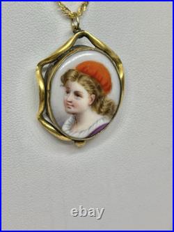 Victorian Orange Hat Girl Portrait Miniature Hand Painted Pendant Necklace 18