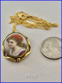 Victorian Orange Hat Girl Portrait Miniature Hand Painted Pendant Necklace 18