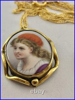 Victorian Orange Hat Girl Portrait Miniature Hand Painted Pendant Necklace 18