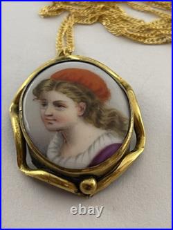 Victorian Orange Hat Girl Portrait Miniature Hand Painted Pendant Necklace 18