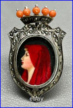 Victorian Pendant Brooch 800 Silver Virgin Mary Marcasite & Coral Hand Painted