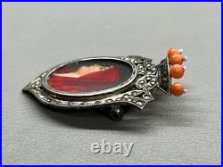 Victorian Pendant Brooch 800 Silver Virgin Mary Marcasite & Coral Hand Painted