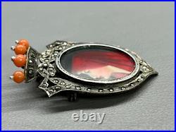 Victorian Pendant Brooch 800 Silver Virgin Mary Marcasite & Coral Hand Painted