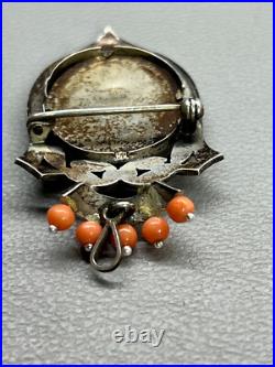 Victorian Pendant Brooch 800 Silver Virgin Mary Marcasite & Coral Hand Painted