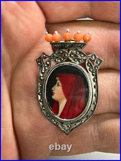 Victorian Pendant Brooch 800 Silver Virgin Mary Marcasite & Coral Hand Painted