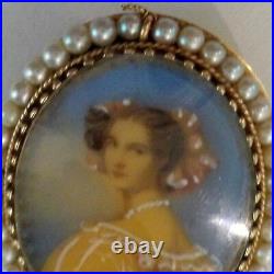 Victorian Period 14 K Gold Brooch / Pendant, Hand Painted Portrait