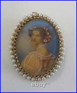 Victorian Period 14 K Gold Brooch / Pendant, Hand Painted Portrait