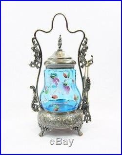 Victorian Pickle Castor-Silverplate with Hand Painted Blue Glass Insert