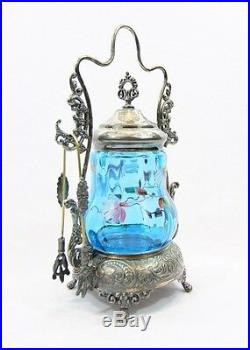 Victorian Pickle Castor-Silverplate with Hand Painted Blue Glass Insert