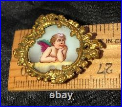 Victorian Portrait Brooch Angel Cherub Cameo Gold Gilded Hand Painted Cupid