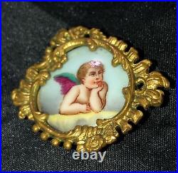 Victorian Portrait Brooch Angel Cherub Cameo Gold Gilded Hand Painted Cupid