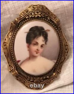 Victorian Portrait Brooch Cameo Hand Painted Porcelain Pin Swiss Austrian German