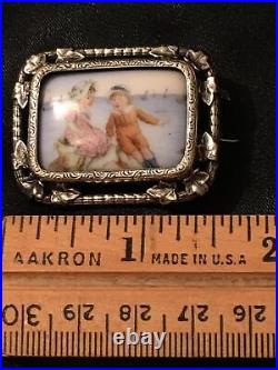 Victorian Portrait Brooch Children Kate Greenway Sterling Silver Hand Painted