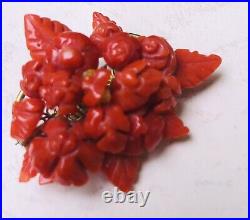 Victorian Red Coral Brooch Hand Carved Small Flowers & Leaves Pin Italian