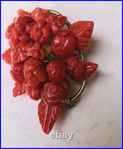 Victorian Red Coral Brooch Hand Carved Small Flowers & Leaves Pin Italian