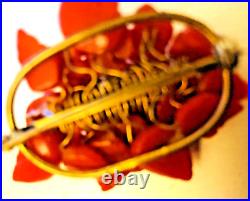 Victorian Red Coral Brooch Hand Carved Small Flowers & Leaves Pin Italian