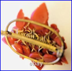 Victorian Red Coral Brooch Hand Carved Small Flowers & Leaves Pin Italian