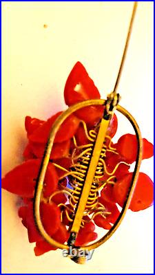 Victorian Red Coral Brooch Hand Carved Small Flowers & Leaves Pin Italian