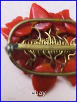 Victorian Red Coral Brooch Hand Carved Small Flowers & Leaves Pin Italian
