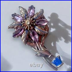 Victorian Revival Mechanical Flower Brooch Purple Rhinestones Hand 1940s Vintage
