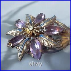 Victorian Revival Mechanical Flower Brooch Purple Rhinestones Hand 1940s Vintage