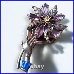 Victorian Revival Mechanical Flower Brooch Purple Rhinestones Hand 1940s Vintage