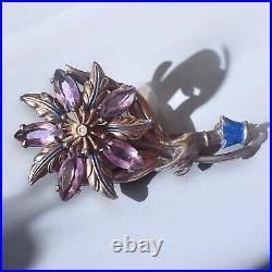 Victorian Revival Mechanical Flower Brooch Purple Rhinestones Hand 1940s Vintage