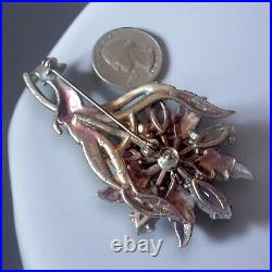 Victorian Revival Mechanical Flower Brooch Purple Rhinestones Hand 1940s Vintage