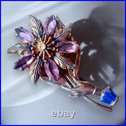 Victorian Revival Mechanical Flower Brooch Purple Rhinestones Hand 1940s Vintage