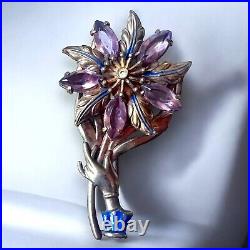 Victorian Revival Mechanical Flower Brooch Purple Rhinestones Hand 1940s Vintage