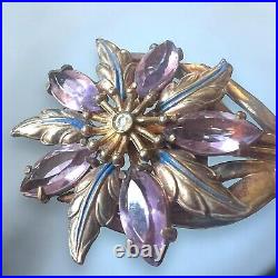 Victorian Revival Mechanical Flower Brooch Purple Rhinestones Hand 1940s Vintage