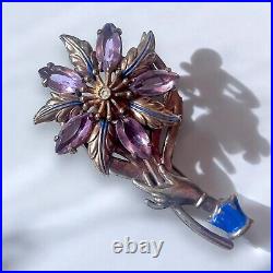 Victorian Revival Mechanical Flower Brooch Purple Rhinestones Hand 1940s Vintage