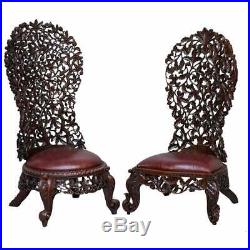 Victorian Rosewood Hand Carved Anglo Indian Burmese Chairs Oxblood Leather Pair