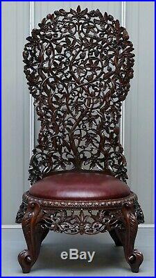 Victorian Rosewood Hand Carved Anglo Indian Burmese Chairs Oxblood Leather Pair