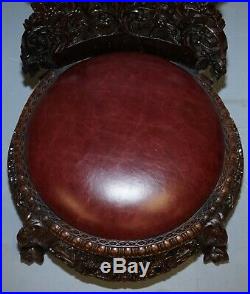 Victorian Rosewood Hand Carved Anglo Indian Burmese Chairs Oxblood Leather Pair