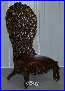 Victorian Rosewood Hand Carved Anglo Indian Burmese Chairs Oxblood Leather Pair